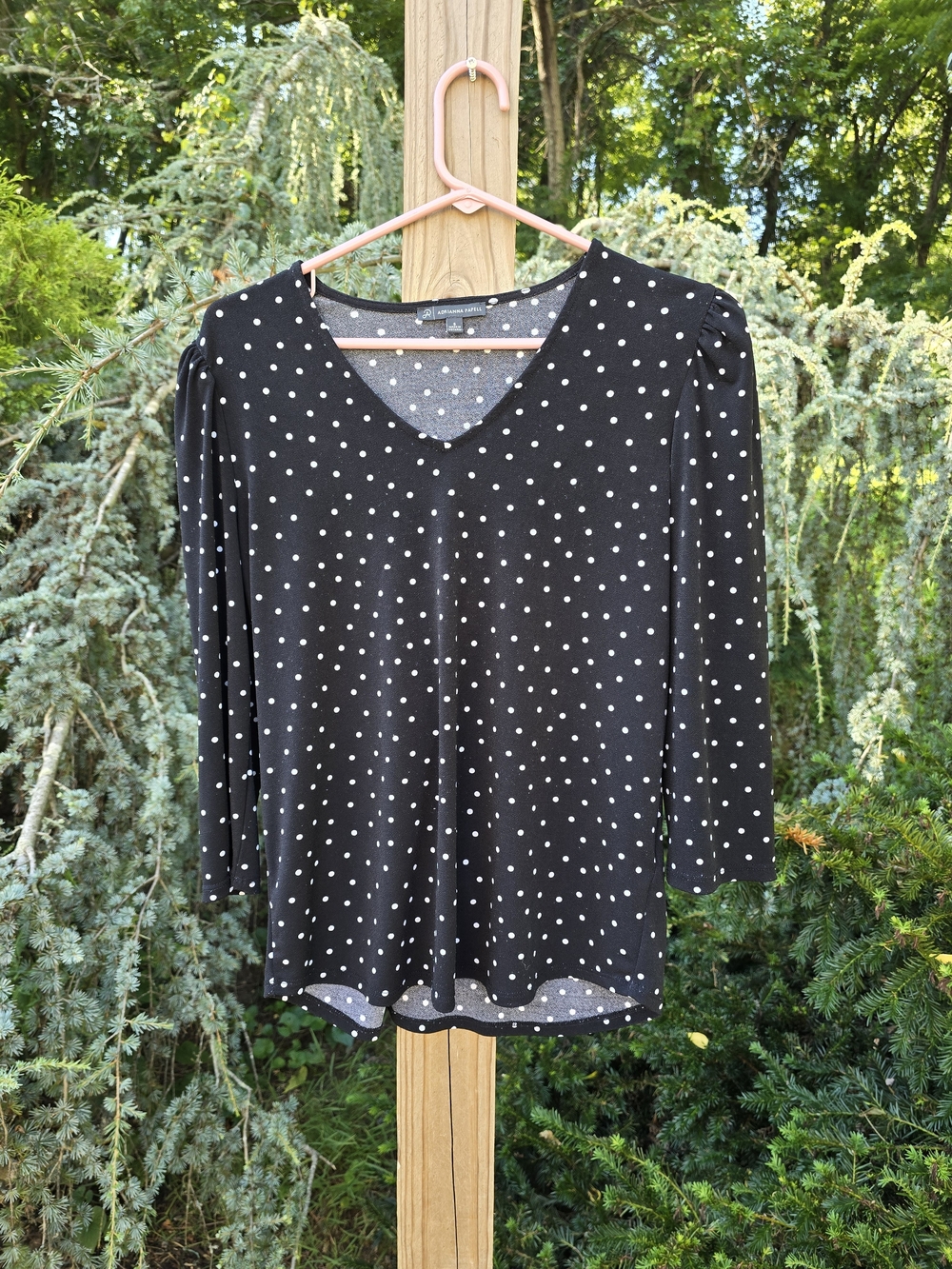 Adrianna Papell Black & White Polka Dot V-Neck Long Sleeve Top
